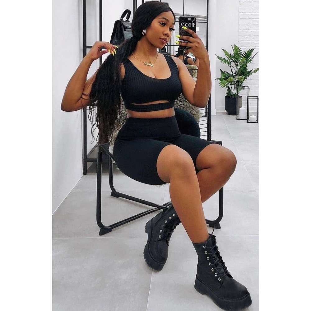 Black Cut Out Front Rib Knit Crop Top